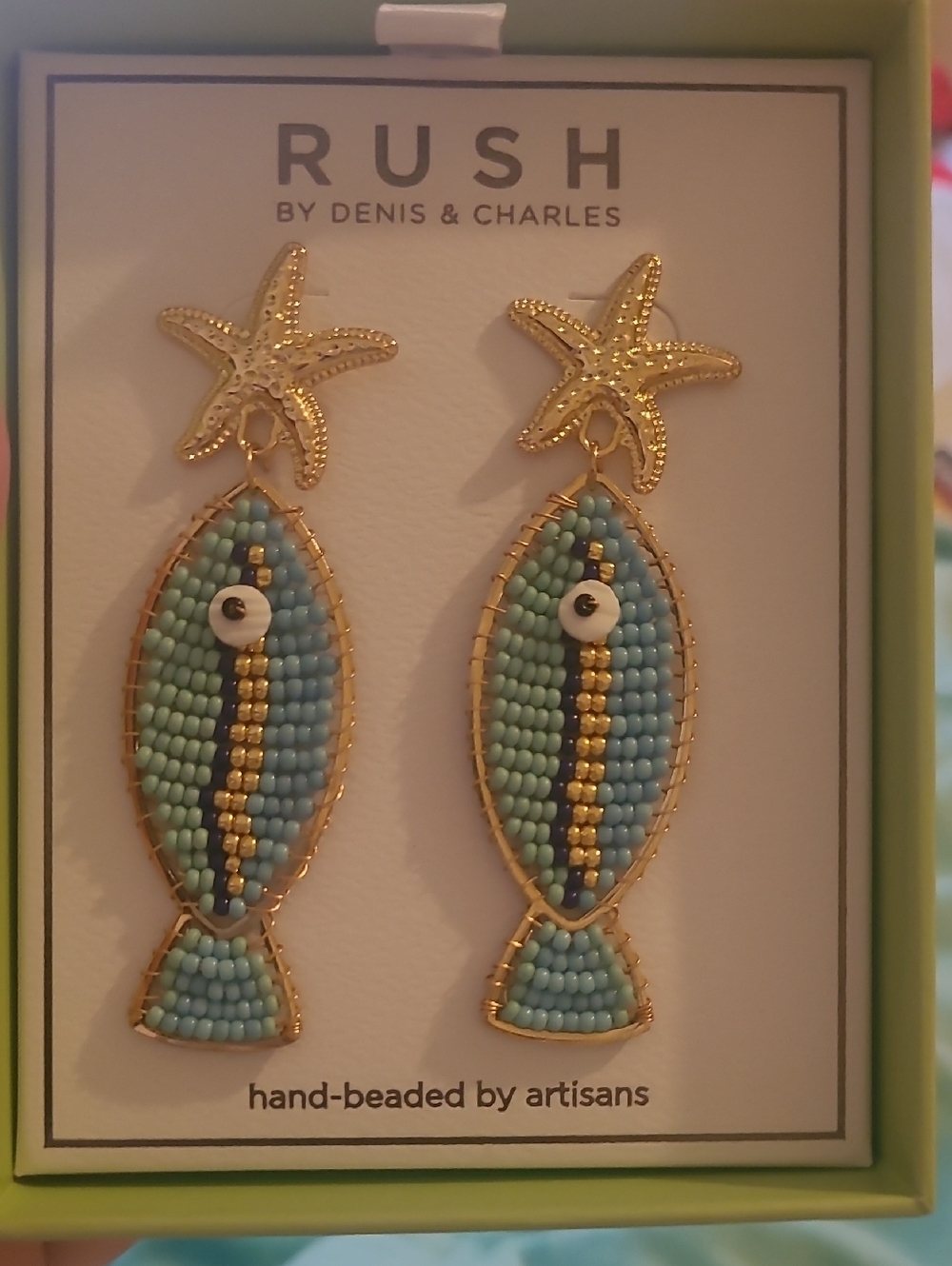 RUSH Blue Beaded Fish Drop Earrings with Gold Starfish Accents